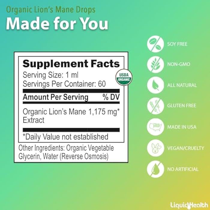 LIQUIDHEALTH USDA Organic Lion's Mane Mushroom Drops Supplement - Extra Strength Pure Extract for Brain Support, Energy, Memory, Focus - Vegan, 180-day Supply, Made in USA (3 Pack) - Image 5
