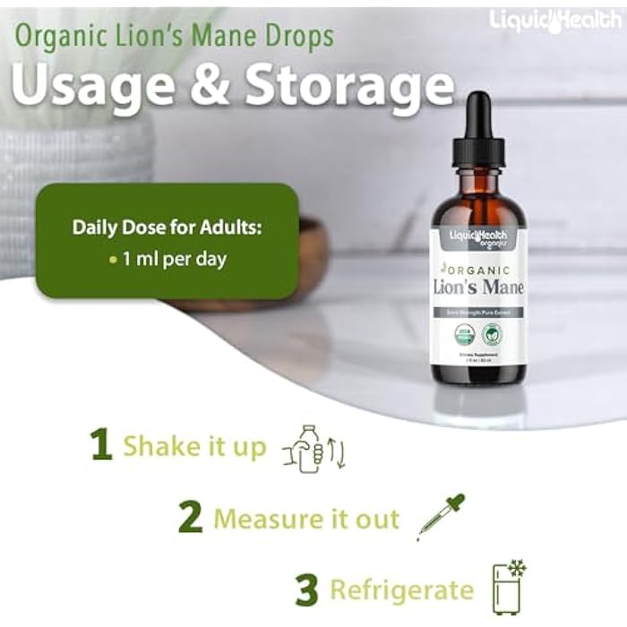 LIQUIDHEALTH USDA Organic Lion's Mane Mushroom Drops Supplement - Extra Strength Pure Extract for Brain Support, Energy, Memory, Focus - Vegan, 180-day Supply, Made in USA (3 Pack) - Image 4