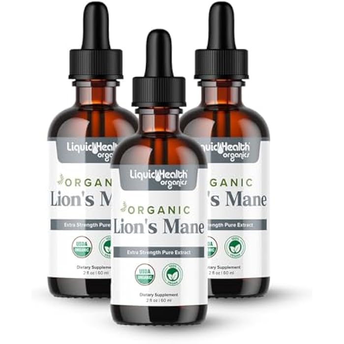 LIQUIDHEALTH USDA Organic Lion's Mane Mushroom Drops Supplement - Extra Strength Pure Extract for Brain Support, Energy, Memory, Focus - Vegan, 180-day Supply, Made in USA (3 Pack) - Image 1