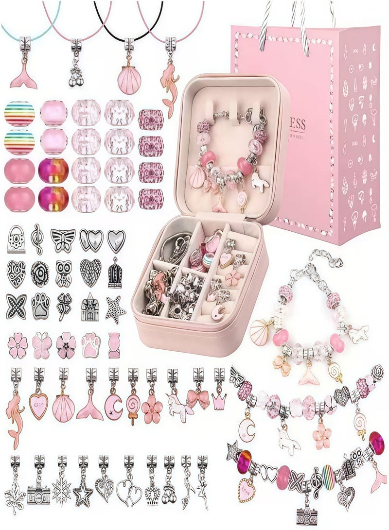 Wish Bracelet Making Kit for Girls,68PCs Charm Bracelets Kit with Jewelry Box, Jewelry Charms, Bracelets for DIY Craft, Bracelet Gift for Adults and Kids Birthday，Present For 3-12 Year Old Girl (Pink) - Image 1