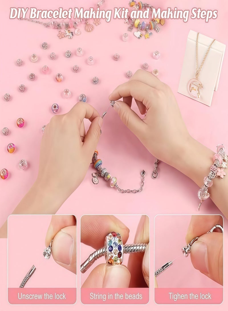 Wish Bracelet Making Kit for Girls,68PCs Charm Bracelets Kit with Jewelry Box, Jewelry Charms, Bracelets for DIY Craft, Bracelet Gift for Adults and Kids Birthday，Present For 3-12 Year Old Girl (Pink) - Image 3
