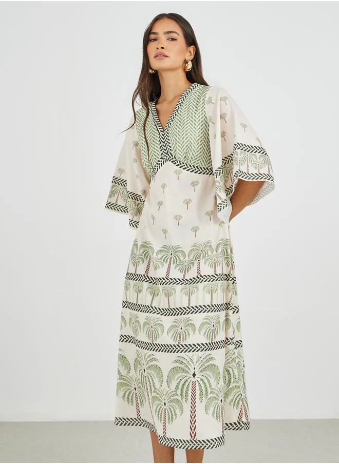 ستايلي Styli Printed Batwing Sleeves A-Line Midi Dress