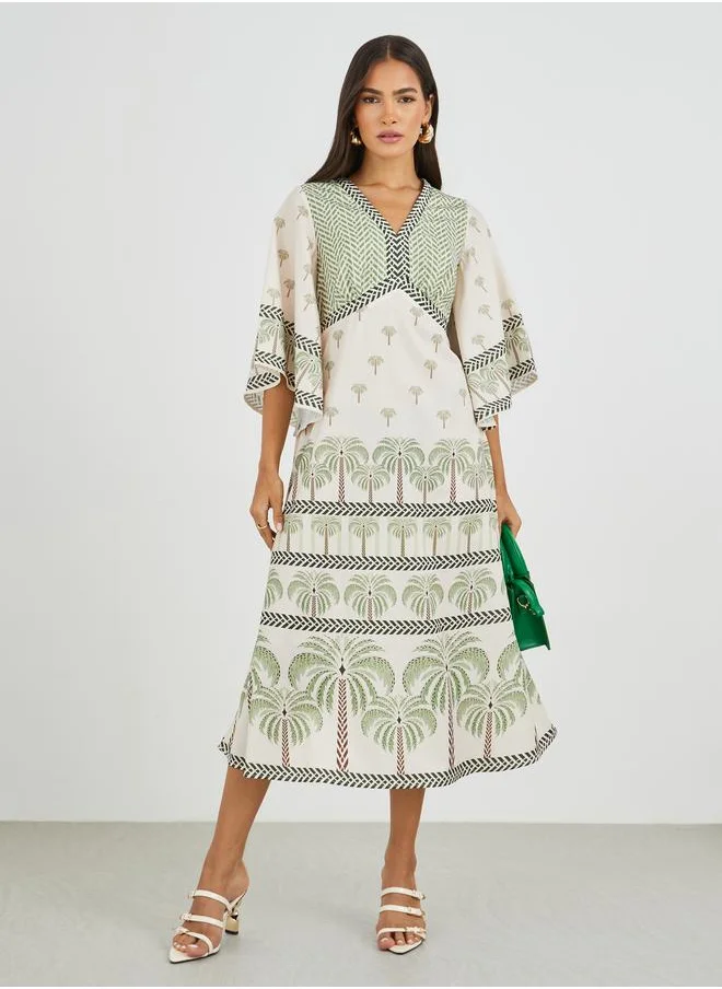 ستايلي Styli Printed Batwing Sleeves A-Line Midi Dress