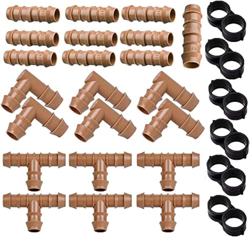 Arfun 28P Drip Irrigation Fittings Kit (17mm) for 1/2" Tubing (.600" ID), 10 Couplings, 6 Tees, 6 Elbows and 6 Tubing End Closure - Barded Connectors for Drip or Sprinkler Systems(28 Pieces Set) - Image 1
