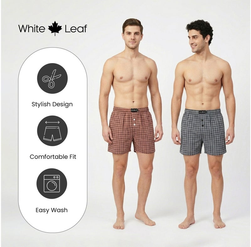 WHITE LEAF Men’s Yarn-Dyed Cotton Assorted Boxers (Pack of 2) – Breathable, Lightweight, Classic Fit, Durable, ECAS Certified Innerwear - Image 3