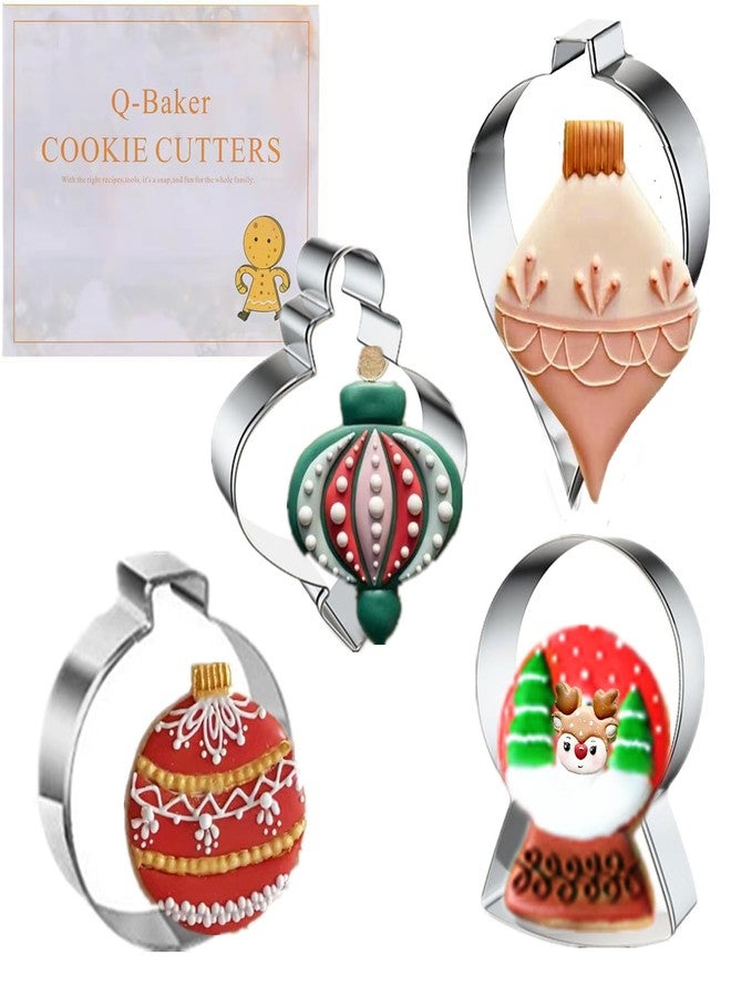 Q-BAKER Christmas Ornaments Cookie Cutters, 4PCS Stainless Steel Snow Globe,Round Ornament,Teardrop Bauble, Finial Shapes with Decorating Instructions - Image 1