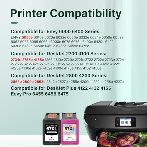Cool Toner 67XL 67 XL 6055e 2755e 2800e 2855e 6000 Ink Cartridges Black/Color Combo Pack Compatible for HP Printer DeskJet 6055e 2700 4155e 4255e 4100 2700e 2734e 2800 2852e Envy 6055e 6455e 6400 Series (2-Pack) - Image 2