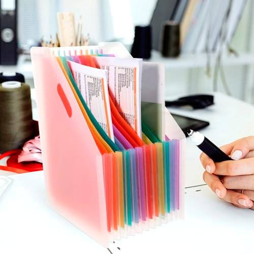 NISUN 12 Pockets Vertical Expanding File Folders Letter A4 Size Documents Organiser Desk Accordion File Organizer Desktop Stand File Divider Space Saver for Office Class Home (Transparent White) - Image 5