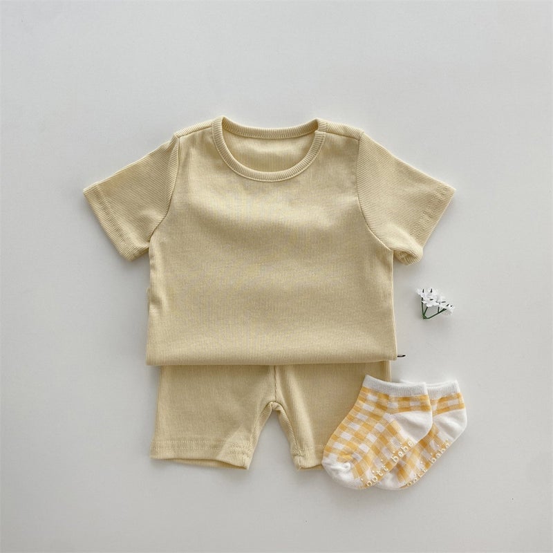 Korean Childrens Clothing Baby Home Pure Cotton Set Babys Pure Color Pit Strip Home Two-Piece Set Summer Home Clothing Set Yellow.