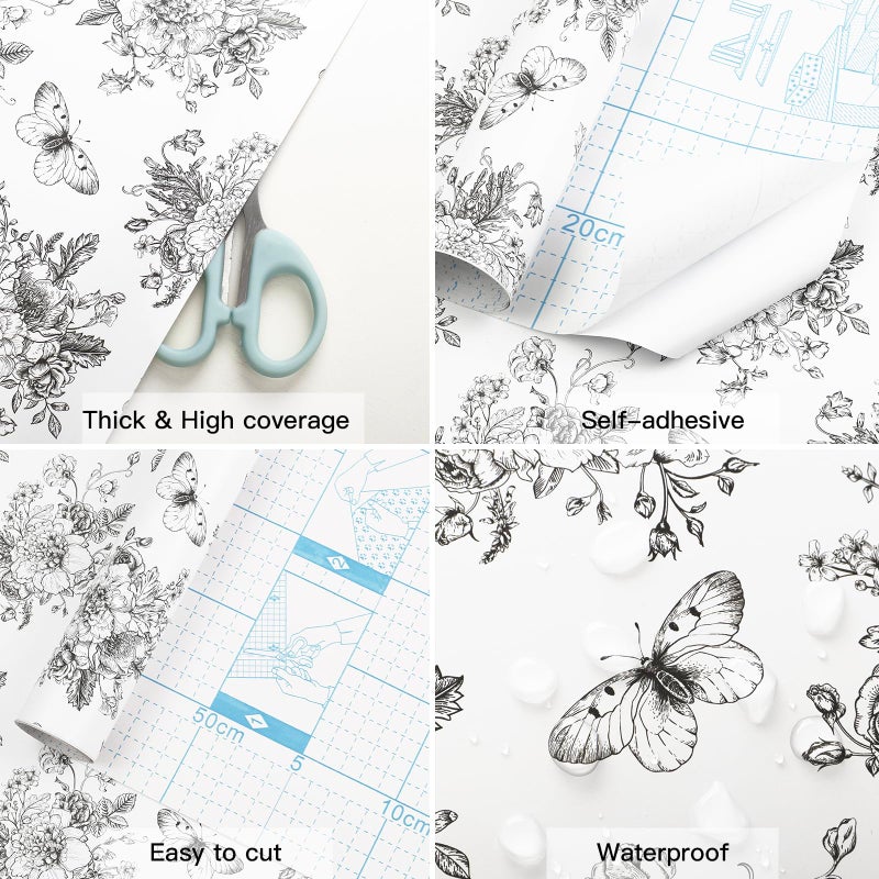 Micpolo Floral and Butterfly Self Adhesive Shelf Liner for Kitchen Bedroom Cabinets Waterproof Drawer Liner Dresser Vinyl Rolls 17.7In X 78.7In - Image 5