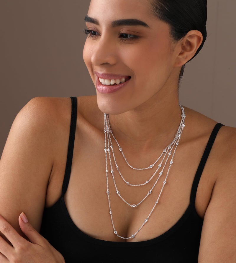 LeCalla 925 Sterling Silver Jewelry Italian Design Round Cubic Zirconia CZ Station Necklace Cable Chain Statement Necklace for Women 18 Inches. - Image 4