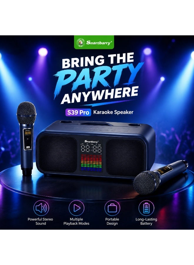 Smartbarry S39 Pro Karaoke Speaker with 2 Wireless Microphones | Portable Bluetooth Party Speaker, Deep Bass Sound, RGB LED Lights, USB/TF Card Support, Rechargeable Battery for Home & Outdoor Parties - Image 3