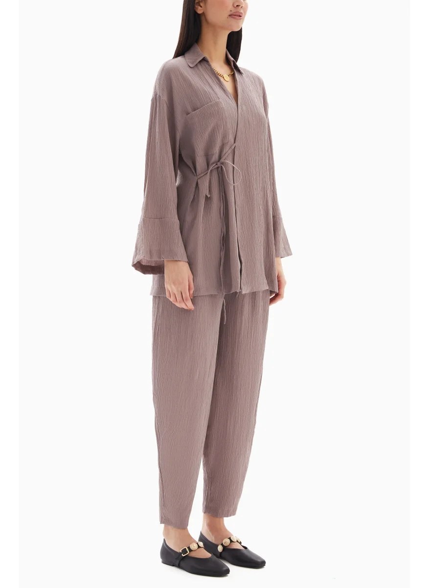 وي كرييت Light Brown Textured Set of Blouse with Trousers By WECRE8