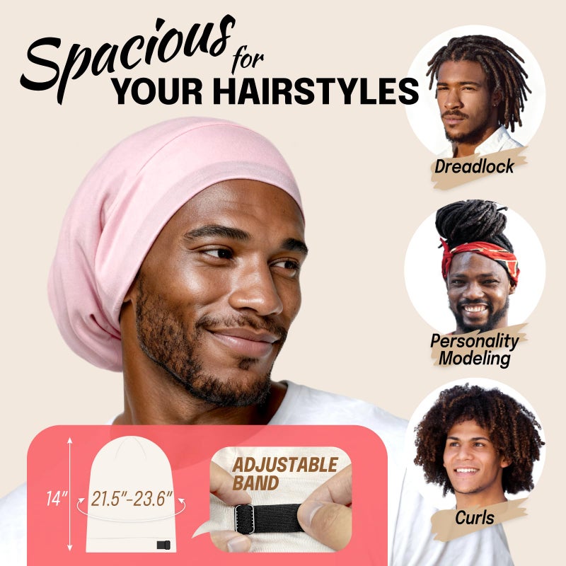 Fittia Satin Hair Bonnet for Sleeping, Silky No Frizzy for Curls Care, Adjustable Strap for Non-Slip, Dreadlocks Cap for Women&Men Pink - Image 2
