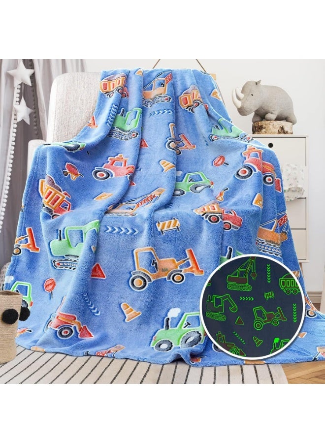 Glow in The Dark Blanket, 50" x 60" Throw Blankets Super Cozy Plush Soft Fleece Blanket for Girls Boys Birthday Gifts, Kids Construction Blanket, for Kids (Blue, Construction Vehicle Series) - Image 1
