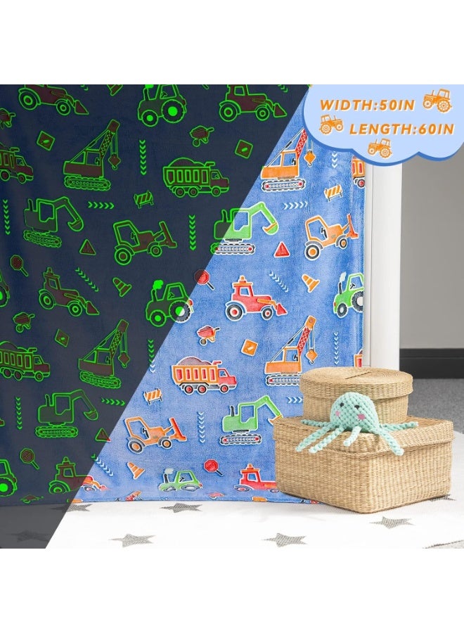 Glow in The Dark Blanket, 50" x 60" Throw Blankets Super Cozy Plush Soft Fleece Blanket for Girls Boys Birthday Gifts, Kids Construction Blanket, for Kids (Blue, Construction Vehicle Series) - Image 2