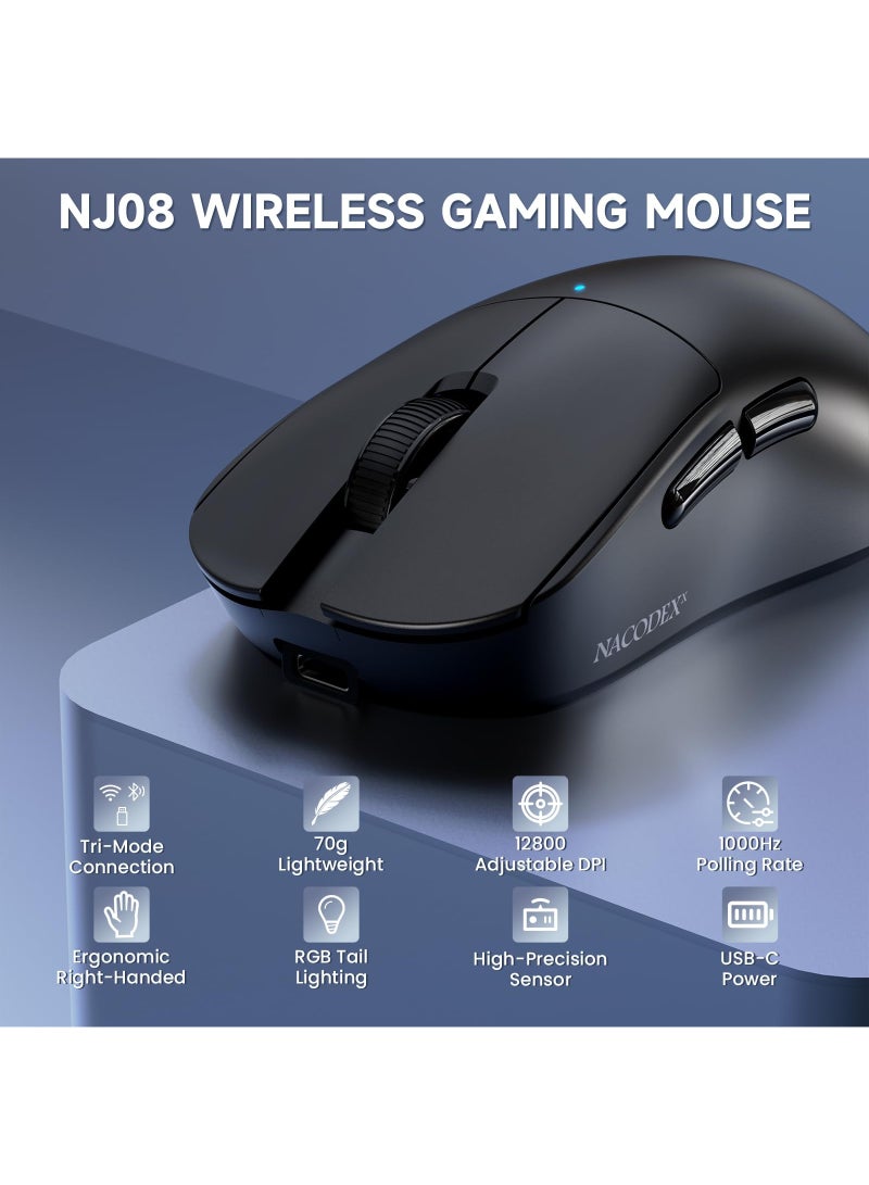 ناكوديكس NJ08 - ماوس ألعاب لاسلكي مصمم لليد اليمنى، مزود بشريط إضاءة RGB، يدعم ثلاثة أوضاع اتصال (لاسلكي 2.4 جيجاهرتز / سلكي عبر منفذ Type-C / بلوتوث 5.0)، ويصل الحد الأقصى لعدد النقاط في البوصة (DPI) إلى 12,800. مزود بستة أزرار قابلة للتخصيص بالكامل، ويتميز بعمر بطارية طويل وتصميم مدمج. متوافق مع أجهزة الكمبيوتر التي تعمل بنظامي Windows وMac، ومناسب للاستخدام في المكتب وللألعاب على حد سواء (أسود) - Image 2