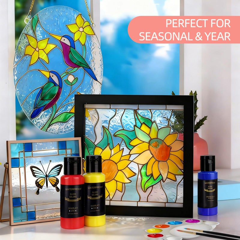 Colorful 14 Colors Stain Glass Paint Set with 6 Brushes, 1 Palette, Waterproof Permanent Glass Painting Kit for Kids to Arts on Wine Glasses,Bottle and Windows - Image 5