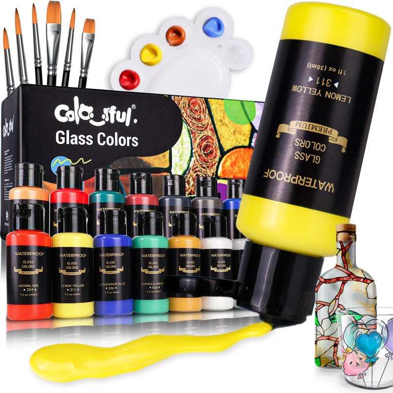 Colorful 14 Colors Stain Glass Paint Set with 6 Brushes, 1 Palette, Waterproof Permanent Glass Painting Kit for Kids to Arts on Wine Glasses,Bottle and Windows - Image 1