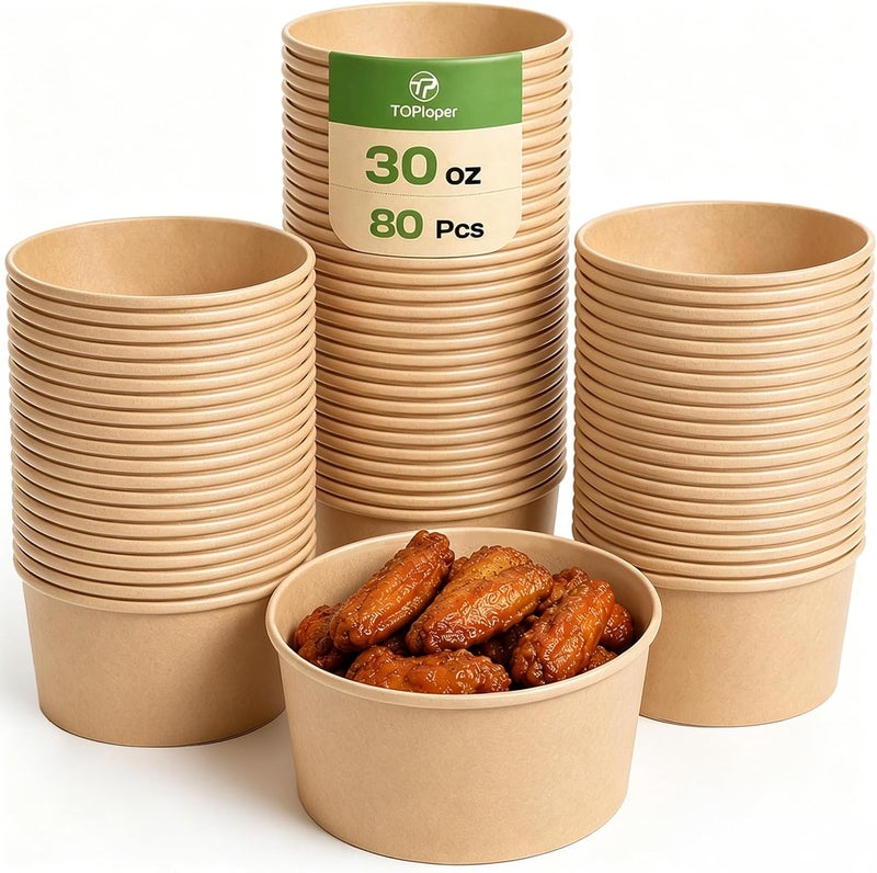 TOPtoper 30 Oz Large Paper Bowls, 80 Count Disposable Soup Bowls Plastic Free Party Supplies for Hot/Cold Food, Soup (30 OZ) - Image 1