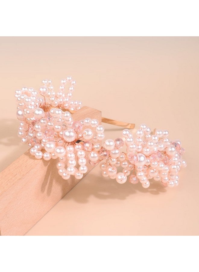 BERYUAN Bridal Pearls Headband Pearls Pink Crystal Rhinestone Wedding Hair Piece Rose Gold Bride Headband Wedding Hair Accessories For Bridal Women And Girls (Pink) - Image 1