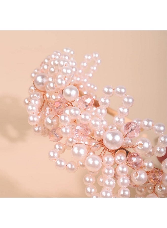 BERYUAN Bridal Pearls Headband Pearls Pink Crystal Rhinestone Wedding Hair Piece Rose Gold Bride Headband Wedding Hair Accessories For Bridal Women And Girls (Pink) - Image 3