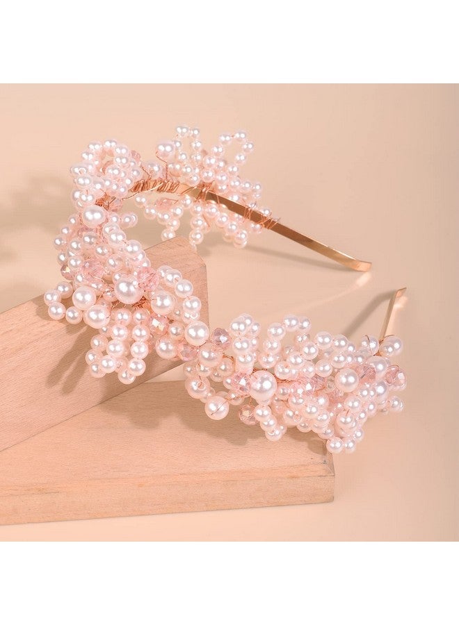 BERYUAN Bridal Pearls Headband Pearls Pink Crystal Rhinestone Wedding Hair Piece Rose Gold Bride Headband Wedding Hair Accessories For Bridal Women And Girls (Pink) - Image 2