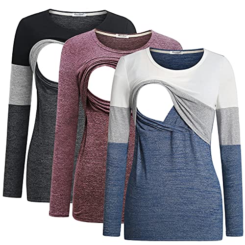 Bearsland Women's 3 Packs Maternity Clothes Long Sleeves Breastfeeding Shirts Nursing Top,blkgry+gryblu+red,M - Image 1