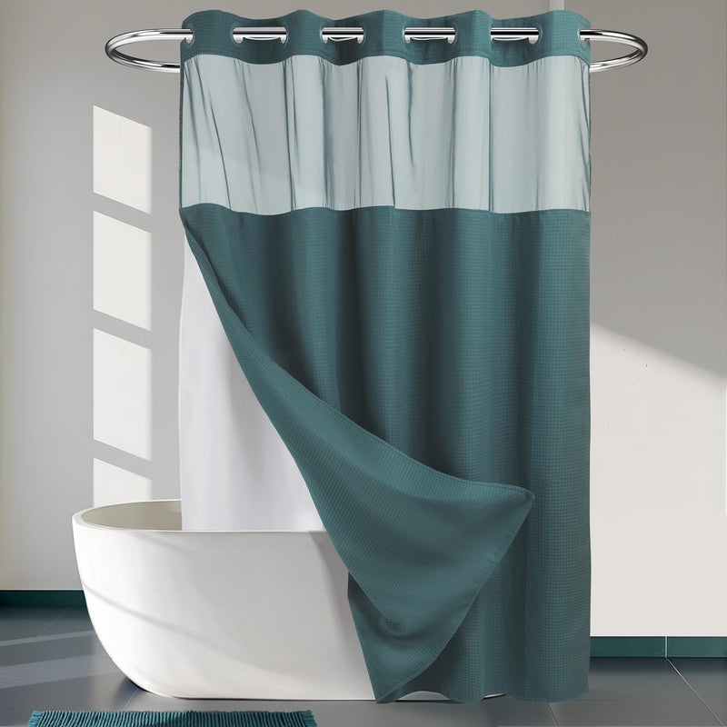 River Dream Heavyweight No Hooks Required Dotted Waffle Weave Shower Curtain with Snap in Liner 71W x 74HHotel GradeSpa Like Bath CurtainTeal