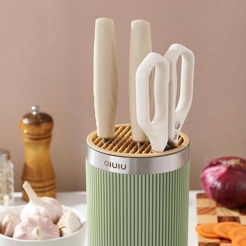 OLULU Knife Block without Knives, Universal Round Knife Block Holder, Spacing Saving Knife Storage Organizer Stand Rack for Countertop (Stylish Green+Yellow Color) - Image 5