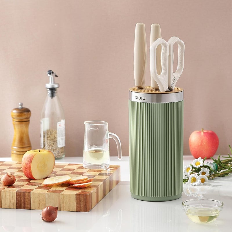 OLULU Knife Block without Knives, Universal Round Knife Block Holder, Spacing Saving Knife Storage Organizer Stand Rack for Countertop (Stylish Green+Yellow Color) - Image 4