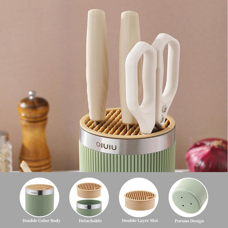 OLULU Knife Block without Knives, Universal Round Knife Block Holder, Spacing Saving Knife Storage Organizer Stand Rack for Countertop (Stylish Green+Yellow Color) - Image 2