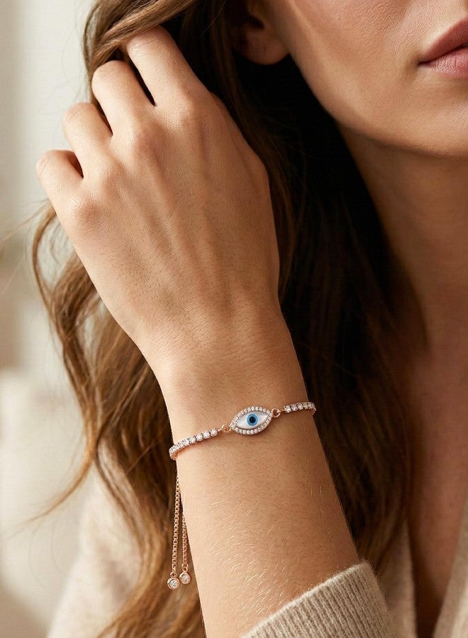 Peora Rose Gold Plated Evil Eye Cubic Zirconia Studded Adjustable Slider Bracelet Gift for Girls & Women - Image 2