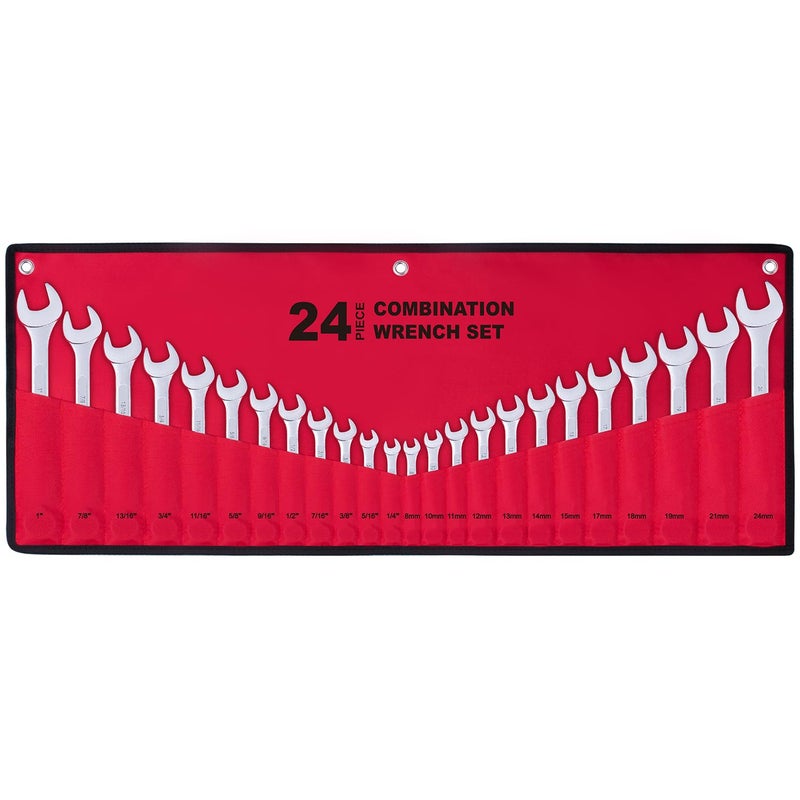 EFFICERE 24-Piece All-Purpose Master Combination Wrench Set with Roll-up Pouch | SAE 1/4â€ to 1â€, Metric 8mm to 24mm | Perfect for General Household, Garage, Auto Repairs, Car, Truck, Boat, and Travel Emergency - Image 1