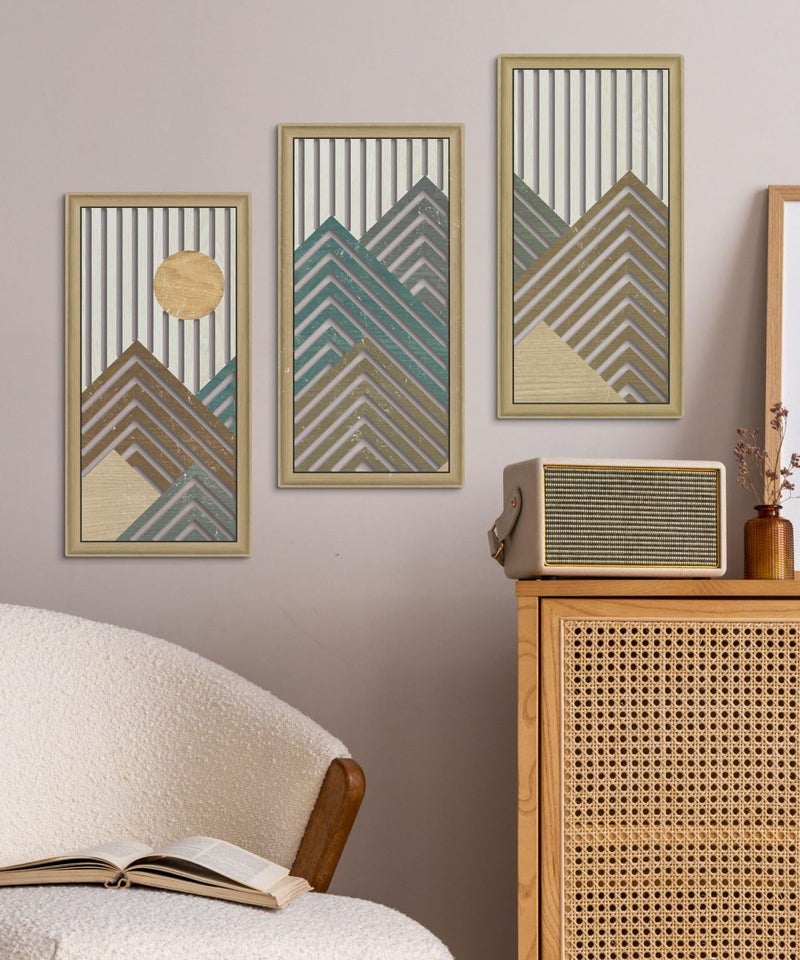 Putuo Decor Mountain Line Wall Art Set of 3, Modern Abstract Nature-Inspired Cut-Out Panels, MDF Wall Decor with Chevron Stripes and Sun Design for Living Room Bedroom Office - Image 5