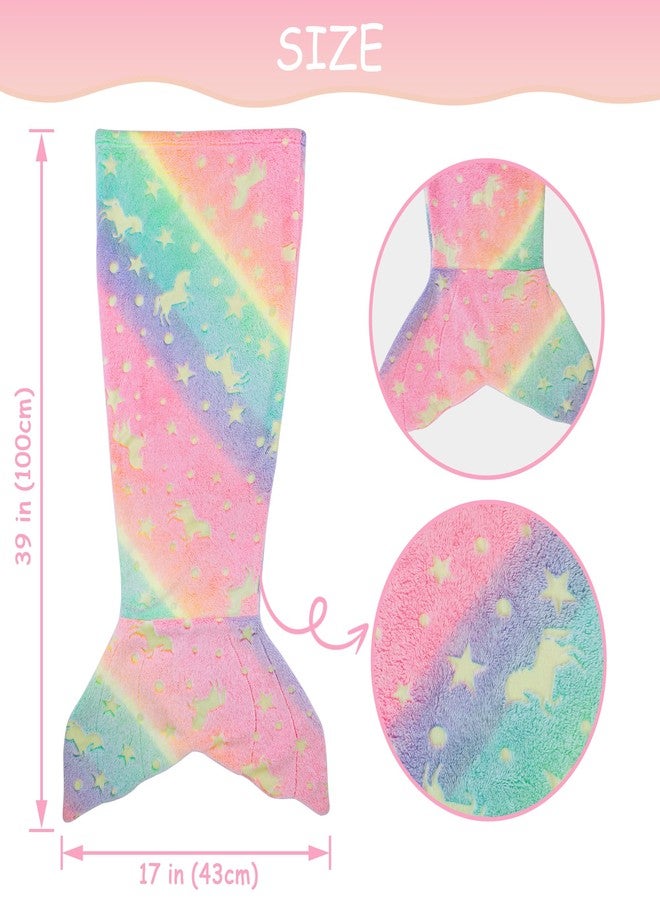 Softan Kids Mermaid Tail Blanket, Glow in The Dark Unicorn and Mermaid Gifts for Girls, Soft Flannel Fleece Toddler Blanket with Rainbow Ombre Fish Scale Design - 17" x 39" - Image 3