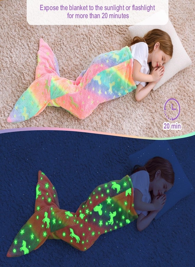 Softan Kids Mermaid Tail Blanket, Glow in The Dark Unicorn and Mermaid Gifts for Girls, Soft Flannel Fleece Toddler Blanket with Rainbow Ombre Fish Scale Design - 17" x 39" - Image 2