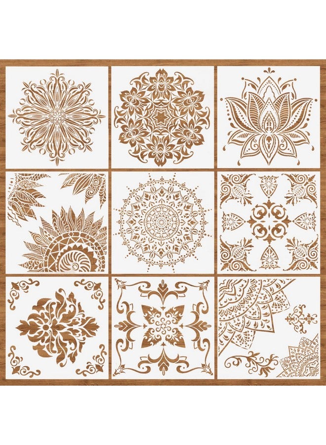 وسيكس 9 عبوات (12 × 12 بوصة) استنسل ماندالا كبيرة قابلة لإعادة الاستخدام لقالب الطلاء استنسل اللوحة DIY اللوحة الفنية سجل القصاصات على بلاط الحائط للأرضيات الخشبية - Image 1
