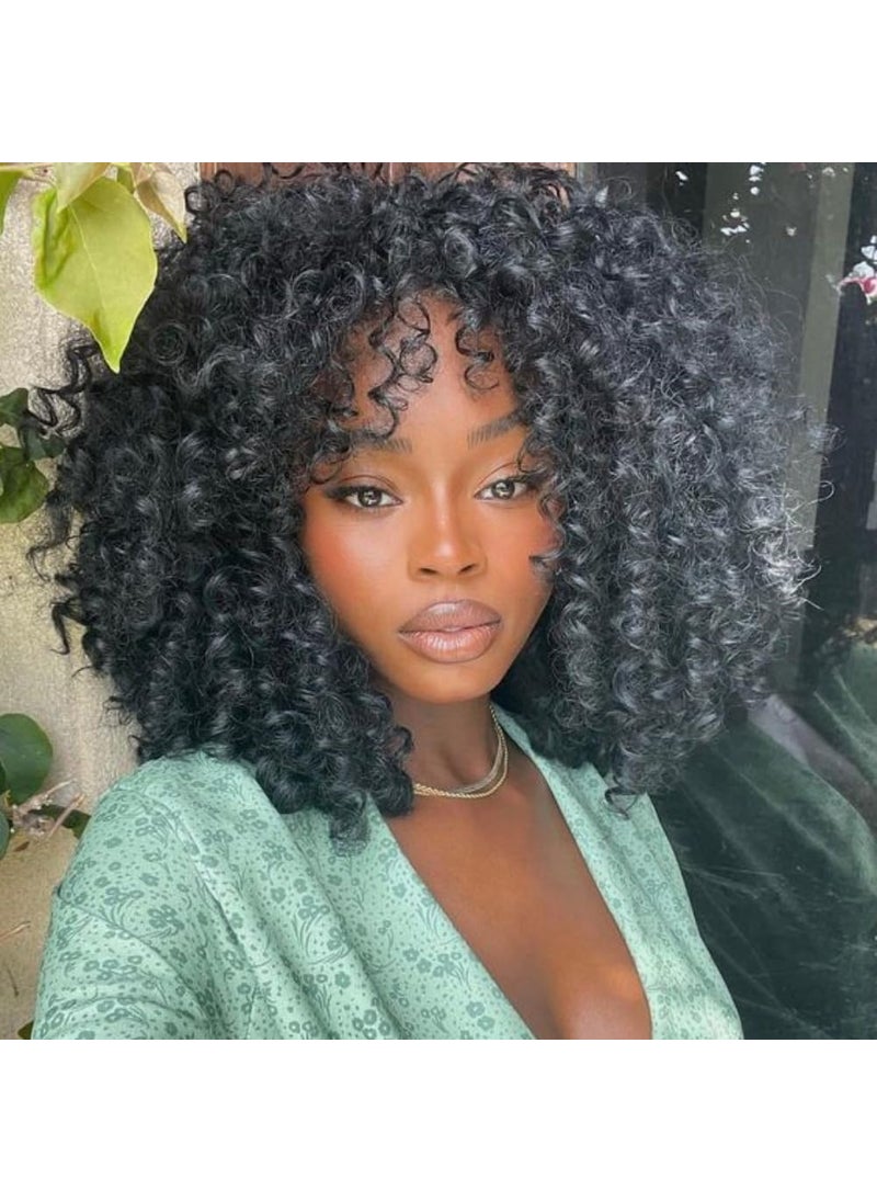 Hanne Fashion Curly Afro Wig with Bangs Short Kinky Curly Wig for Women Synthetic Black Curly Wigs Shoulder Length Glueless Afro Wig Black 