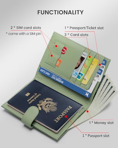 Karmiir RFID Slim Passport Holder for Women Compact Leather Passport Wallet with Card Holders SIM SlotsZippered Coins Pocket and Cash Compartment Travel Passport Cover Case Light Green - Image 3