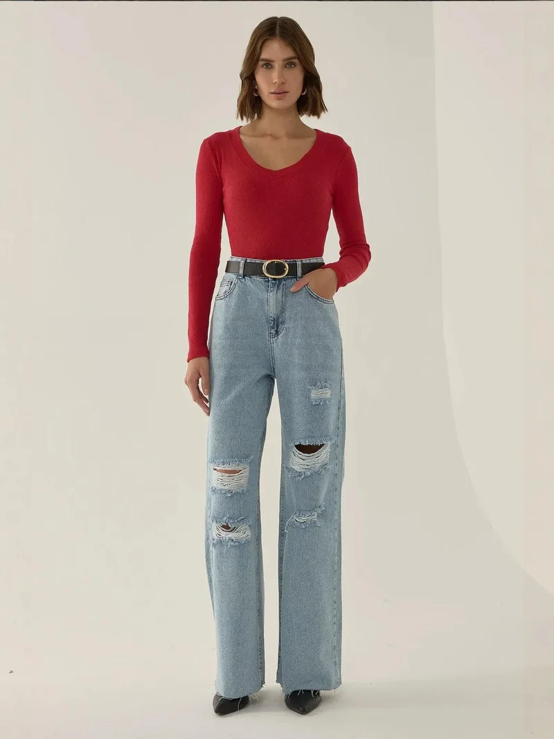 HICCUP Ripped High Waist Wide Leg Denim Jeans