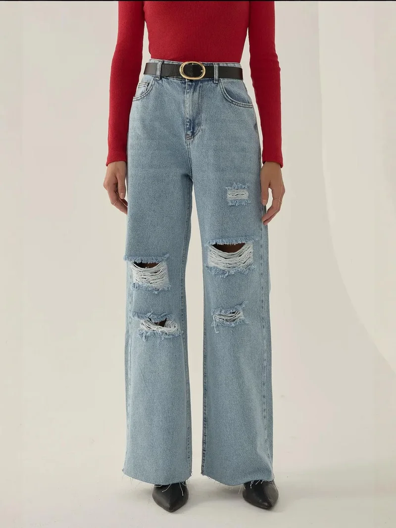 HICCUP Ripped High Waist Wide Leg Denim Jeans