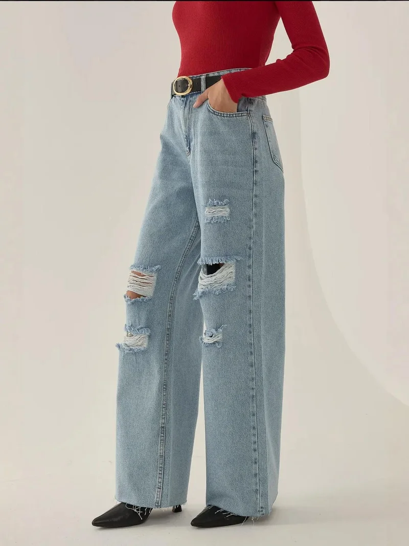 HICCUP  Ripped High Waist Wide Leg Denim Jeans for Women | Best Price UAE