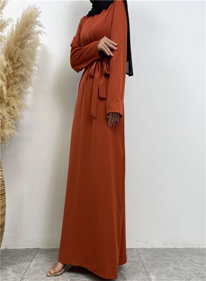 Loquat Lace-Up Pocket Muss Solid Color Dress Abaya Orange  - Image 2