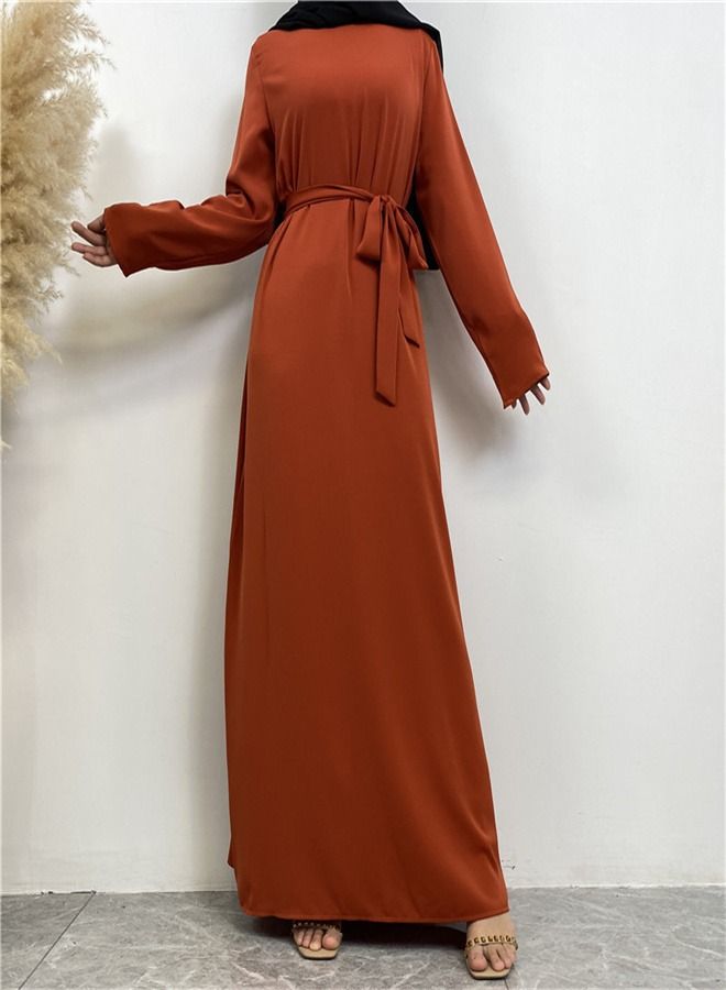 Loquat Lace-Up Pocket Muss Solid Color Dress Abaya Orange  - Image 1