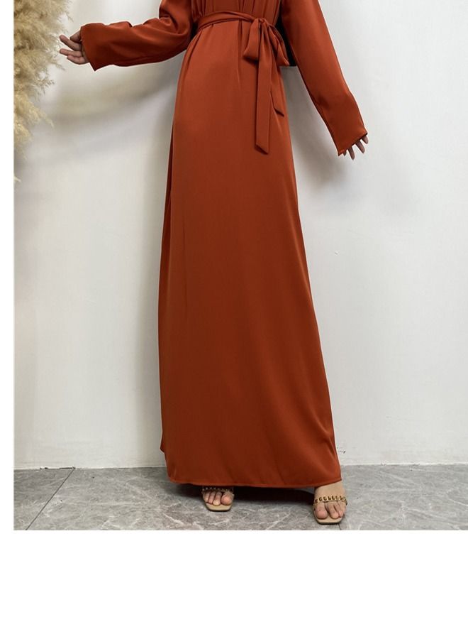 Loquat Lace-Up Pocket Muss Solid Color Dress Abaya Orange  - Image 3