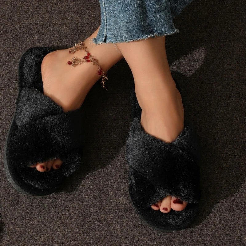 Y&D Fashion Non-slip Fluffy Cross Strap Floor Cotton Slippers Women Winter Warm Soft Indoor Flat Slides Home Fuzzy Slippers - Image 1