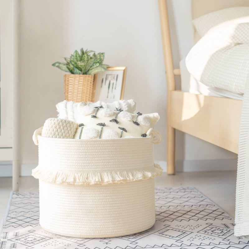 CherryNow Large Woven Storage Baskets - 16'' x 13'' Cotton Rope Decorative Hamper for Nursery, Toys, Blankets, and Laundry, Cute Tassel Nursery Decor - Home Storage Container Off-white - Image 2