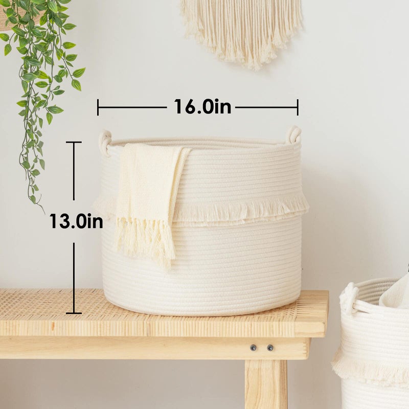CherryNow Large Woven Storage Baskets - 16'' x 13'' Cotton Rope Decorative Hamper for Nursery, Toys, Blankets, and Laundry, Cute Tassel Nursery Decor - Home Storage Container Off-white - Image 3
