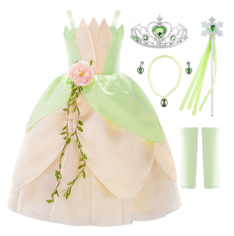 JerrisApparel Girls Princess Costume Halloween Party Dress up Role Play Fancy Dress Ball Gown (Green with Accessories, 7-8 Years) - Image 1